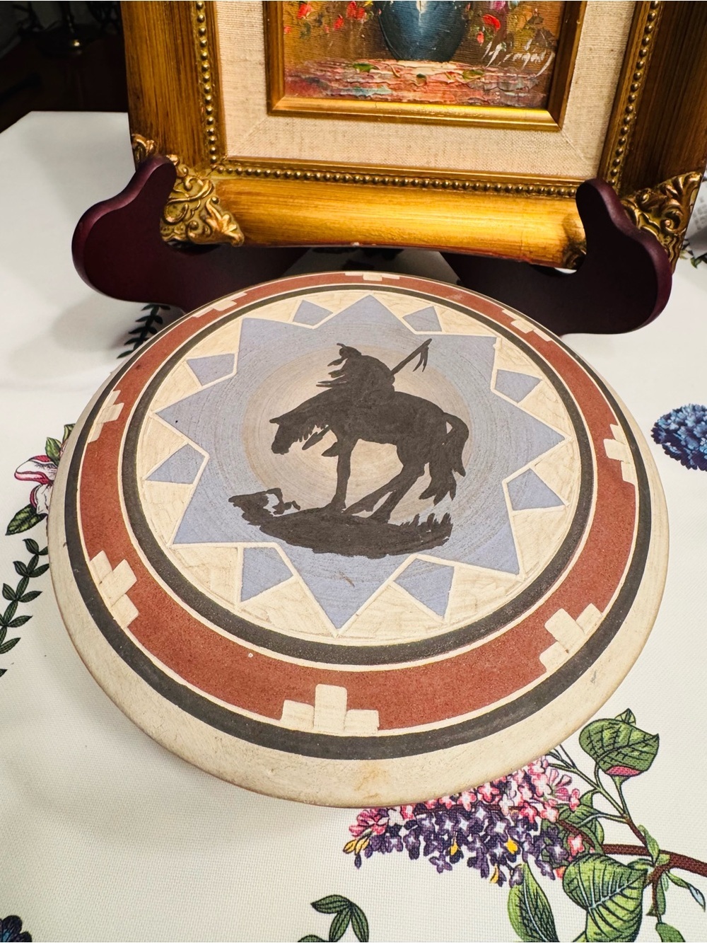 Southwestern Style Sioux. Pottery Lidded Clay Bowl in Red, Blue and Cream